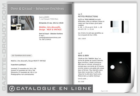 Catalogue Sélection 1, Novembre 2012, vente aux enchères inaugurale
